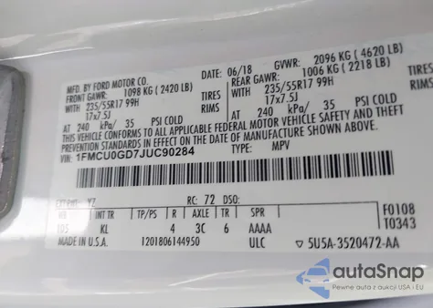 2018 Ford Escape Se z USA, uszkodzony, nr VIN 1FMCU0GD7JUC90284